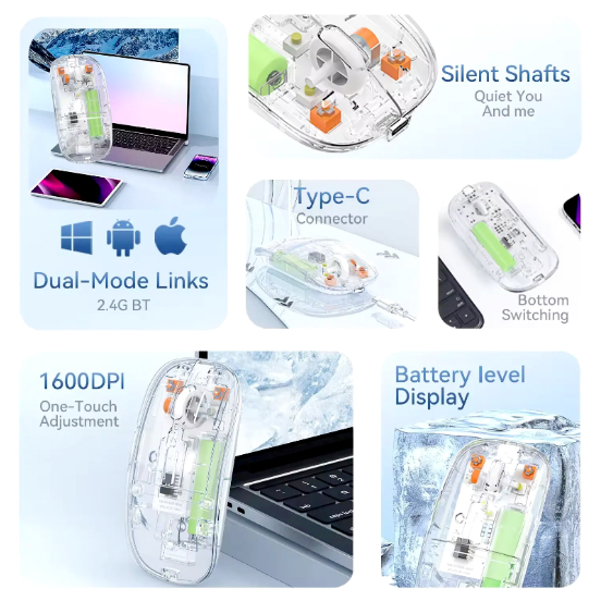 Transparent Dual Mode Wireless Mouse – Bluetooth 5.2 & 2.4G Rechargeable Silent Mouse