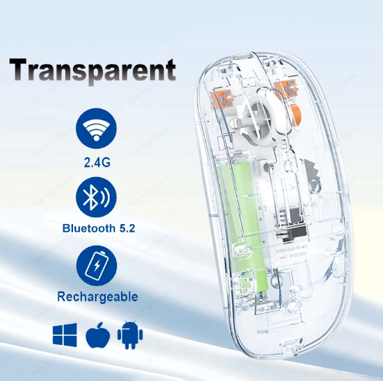 Transparent Dual Mode Wireless Mouse – Bluetooth 5.2 & 2.4G Rechargeable Silent Mouse