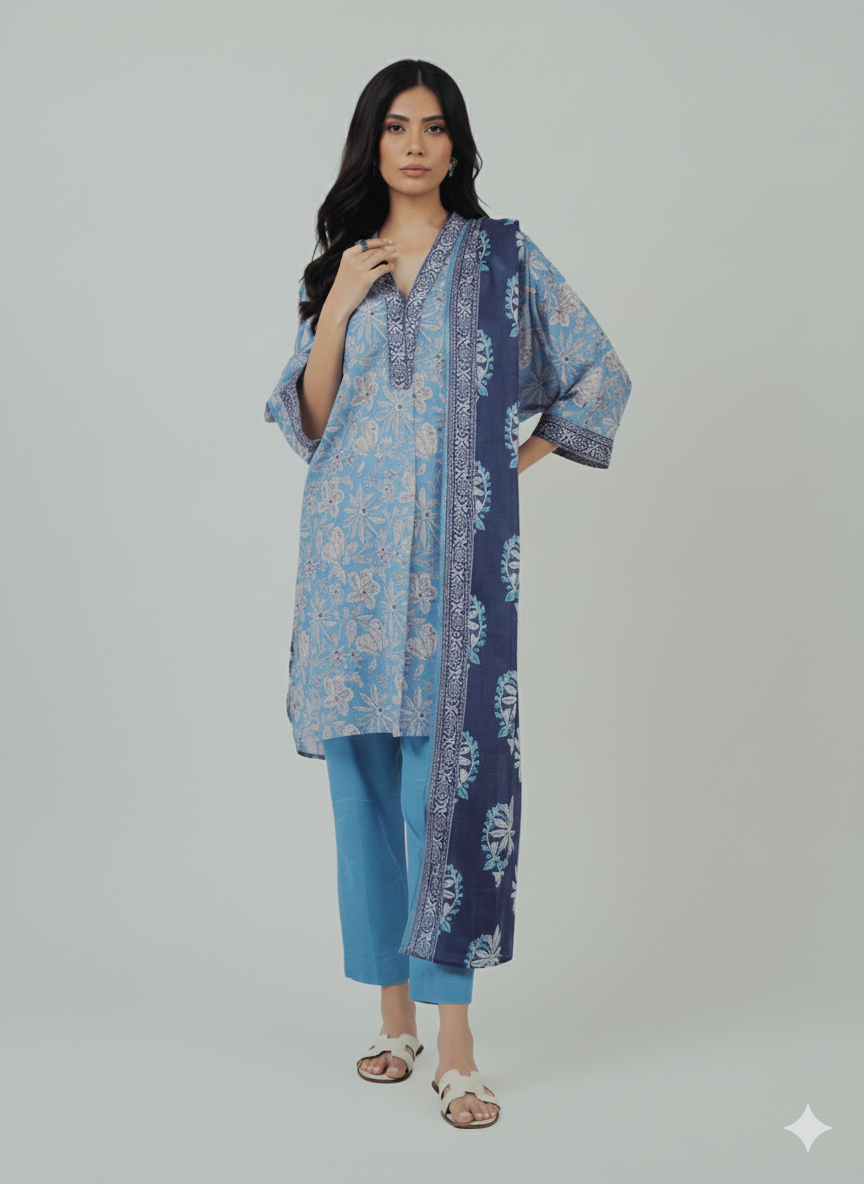 Elegant Blue Floral Printed Kurta Set with Dupatta