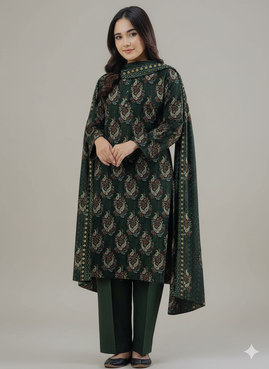 Elegant Dark Green Printed 3-Piece Lawn Suit for Women