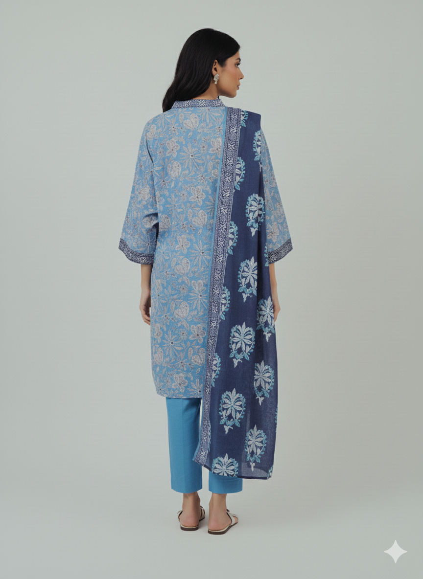 Elegant Blue Floral Printed Kurta Set with Dupatta