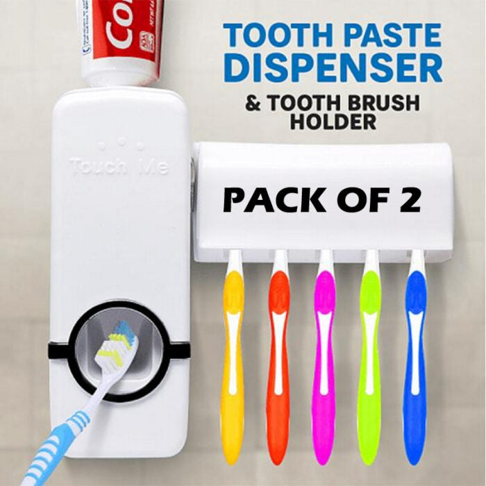 Automatic Toothpaste Dispenser & Toothbrush Holder Set – Pack of 2 | Hands-Free Wall Mount Organizer